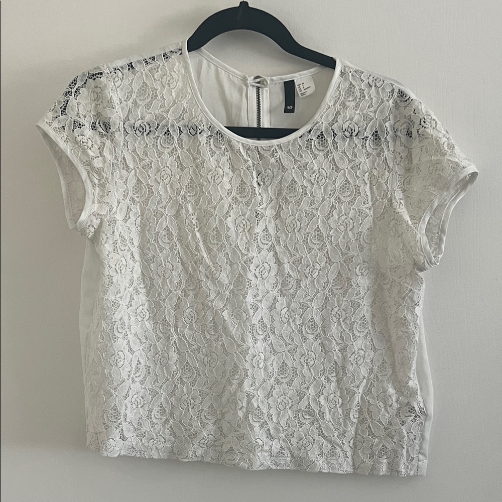 H&M SHEER WHITE LACE T SHIRT SIZE M